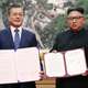 South Korean President Moon Jae-in and North Korean dictator Kim Jong Un at Paekhwawon State Guesthouse on September 19, 2018 in Pyongyang, North Korea